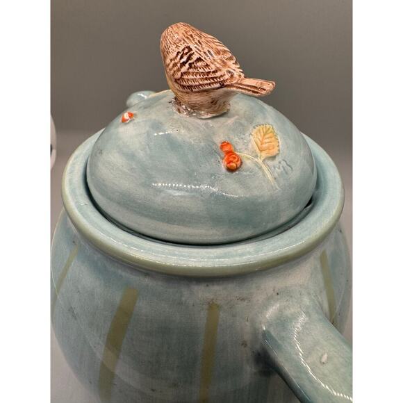 Marjolein Bastin Teapot Bird & Berries Hallmark Signed Blue with Green Stripes - Picture 5 of 12
